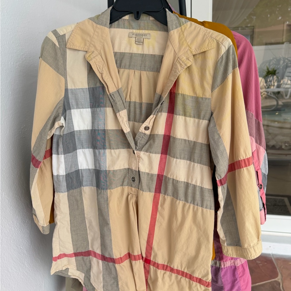 Burberry Brit Striped Cotton Shirt Dress in Beige, Gray & Cream